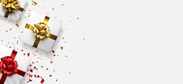 赤と金色の弓を持つ白いギフトボックス クリスマス 誕生日 結婚式 バレンタインデープレゼント テキスト用のスペース ベクターホリデーイラスト — ストックベクタ