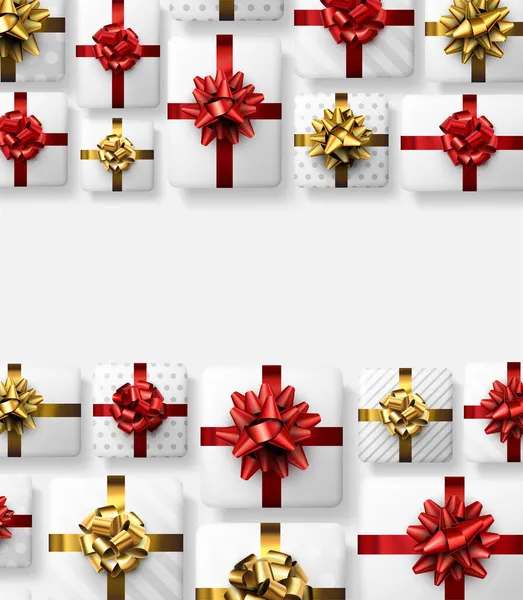 Witte Geschenkdozen Met Rode Gouden Strikken Kerstmis Verjaardag Bruiloft Valentijnscadeau — Stockvector