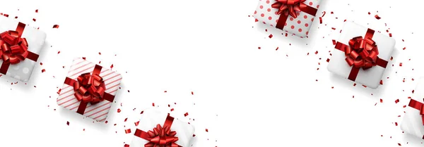 Fehér Ajándékdobozok Piros Masnival Karácsony Születésnap Esküvő Valentin Napi Ajándék — Stock Vector