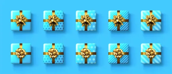 Conjunto Cajas Regalo Azules Con Lazos Dorados Navidad Cumpleaños Regalo — Archivo Imágenes Vectoriales