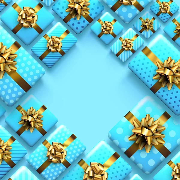 Cajas Regalo Azules Con Lazos Dorados Navidad Cumpleaños Regalo San — Vector de stock