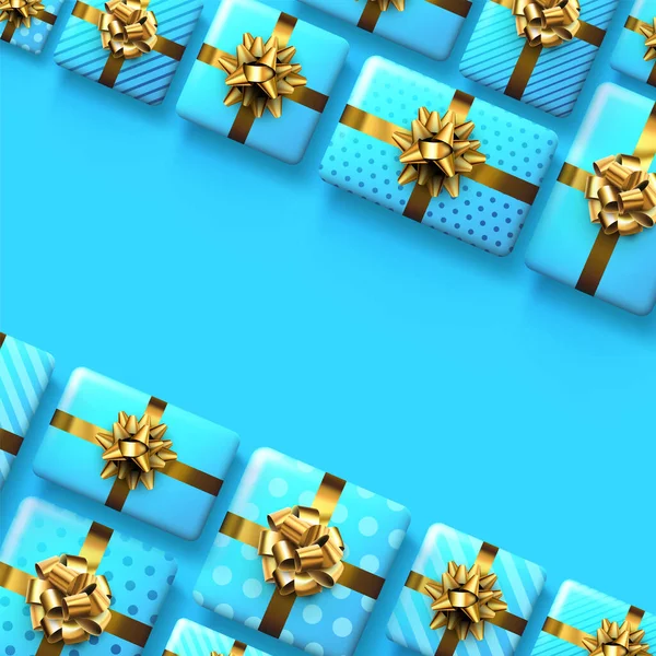 Caixas Presente Azul Com Arcos Dourados Natal Aniversário Presente Dia —  Vetores de Stock