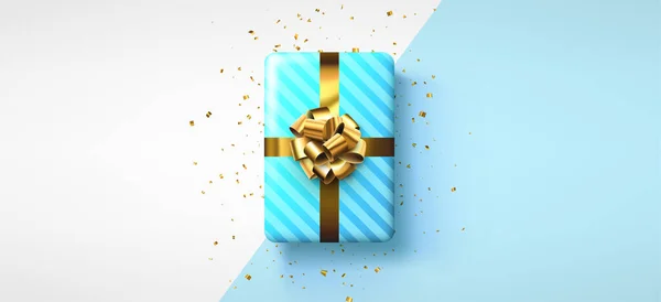 Altın Fiyonklu Mavi Çizgili Hediye Kutusu Noel Doğum Günü Sevgililer — Stok Vektör