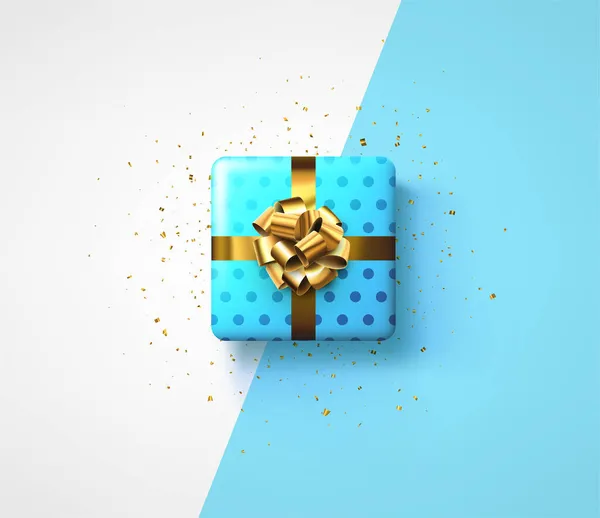 Blauer Gepunkteter Geschenkkarton Mit Goldener Schleife Weihnachten Geburtstag Valentinstag Vektorurlaubsillustration — Stockvektor