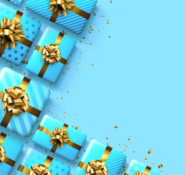 Altın Fiyonklu Mavi Hediye Kutuları Noel Doğum Günü Sevgililer Günü — Stok Vektör