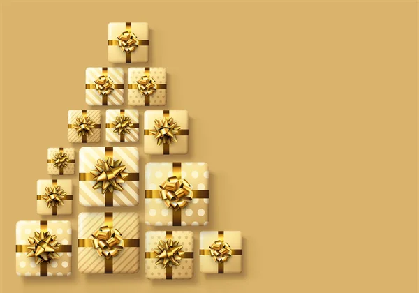 Cajas Regalo Amarillas Con Arcos Dorados Como Forma Árbol Navidad — Vector de stock