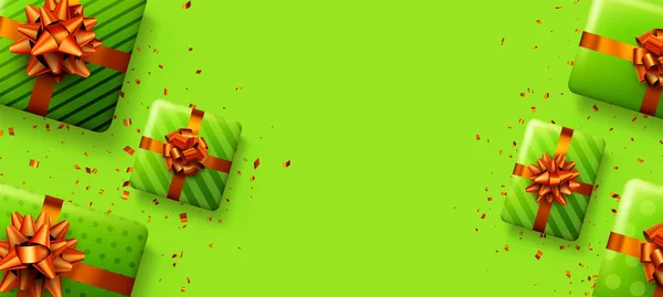 Cajas Regalo Verdes Con Lazos Rojos Navidad Cumpleaños Regalo San — Vector de stock