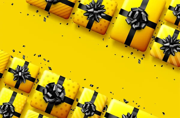 Caixas Presente Amarelas Com Arcos Pretos Natal Aniversário Presente Dia — Vetor de Stock