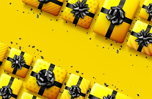 Cajas Regalo Amarillas Con Lazos Negros Navidad Cumpleaños Regalo San — Vector de stock