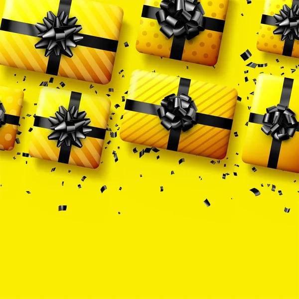 黒い弓を持つ黄色のギフトボックス クリスマス 誕生日 バレンタインデープレゼント テキスト用のスペース ベクターホリデーイラスト — ストックベクタ