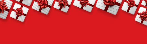 赤い弓を持つ白いギフトボックス クリスマス 誕生日 結婚式 バレンタインデープレゼント 赤の背景 テキスト用のスペース ベクトル上面図 — ストックベクタ
