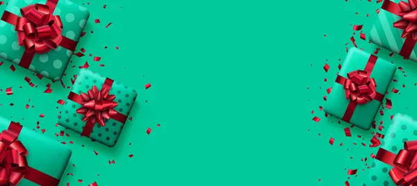 赤い弓とコンフェッティと緑のギフトボックス テキスト用のスペース ベクトルホリデートップビューイラスト — ストックベクタ