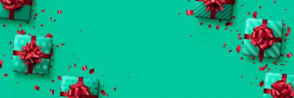 Зелені Подарункові Коробки Червоними Луками Конфетті Простір Тексту Векторна Ілюстрація — стоковий вектор