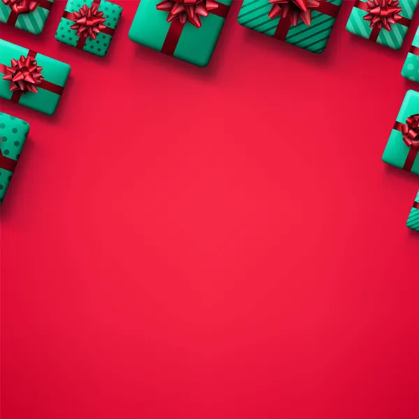 Cajas Regalo Verdes Con Marco Lazos Rojos Regalo Navidad Espacio — Vector de stock