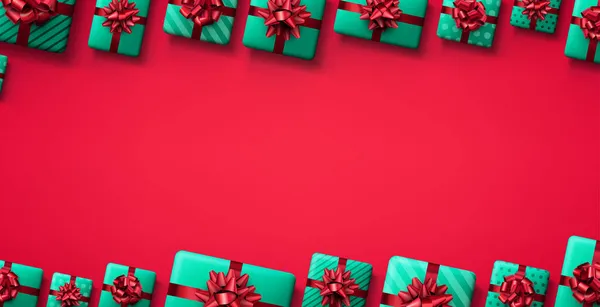 Зеленые Подарочные Коробки Красными Бантами Рождественский Подарок Пространство Текста Векторный — стоковый вектор