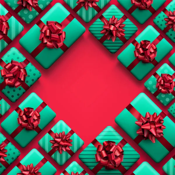 Kırmızı Fiyonklu Yeşil Hediye Kutuları Noel Hediyesi Mesaj Için Yer — Stok Vektör