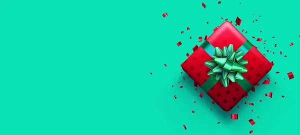 Weihnachten Rot Gepunktete Geschenkschachtel Auf Grünem Hintergrund Neujahrsgeschenke Raum Für — Stockvektor