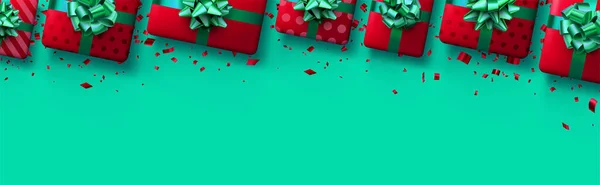 Yeşil Arka Planda Noel Kırmızı Hediye Kutuları Yeni Yıl Hediyeleri — Stok Vektör