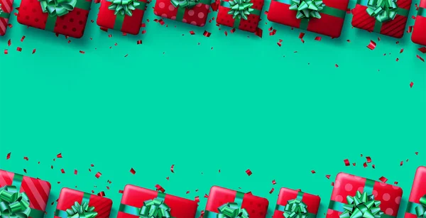 Рождественские Красные Подарочные Коробки Зеленом Фоне Новогодние Подарки Пространство Текста — стоковый вектор