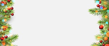 Kırmızı böğürtlen ve ışık saçan ladin dalları. Mesaj için yer var. Vektör tatil illüstrasyonu.