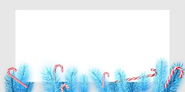 Çubuklu mavi ladin dalları. Mesaj için yer var. Vektör tatil illüstrasyonu.