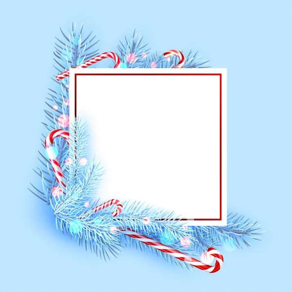 Modré Smrkové Větve Tyčinkami Bokeh Světly Prostor Pro Text Obrázek — Stockový vektor