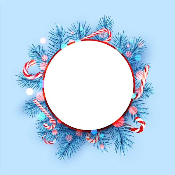 Blue Spruce Branches Candy Canes Bokeh Lights Frame Space Text — Stock Vector