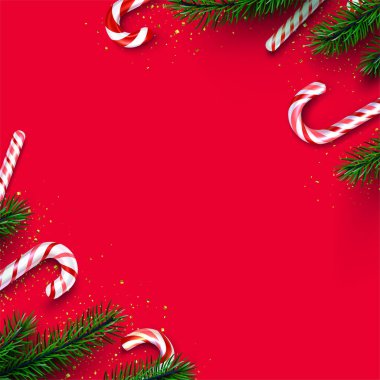 Kırmızı ve beyaz çizgili çubuklar, köknar dalları sınırında. Kırmızı arka plan. Mesaj için yer var. Vektör illüstrasyonu.