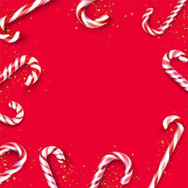 Kırmızı ve beyaz çizgili baston şekerlerin çerçevesi kırmızı arkaplanda. Mesaj için yer var. Vektör illüstrasyonu.