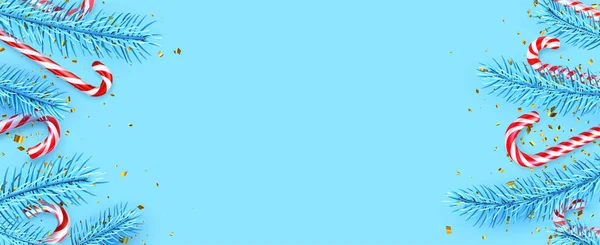 Полосатые Тростниковые Палочки Синими Ветвями Ели Пространство Текста Векторная Иллюстрация — стоковый вектор