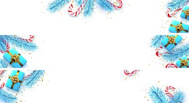 Üzerinde mavi köknar dalları, konfeti, hediye kutusu ve baston şeker olan pankartlar. Beyaz arka plan. Mesaj için yer var. Vektör illüstrasyonu.