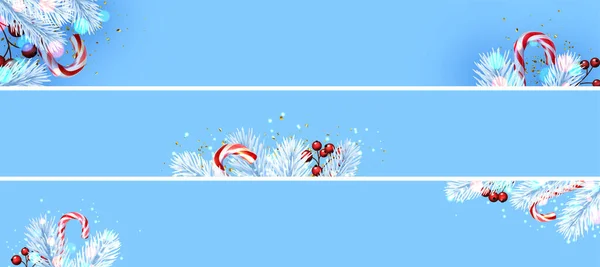 Набор Баннеров Белыми Еловыми Ветвями Конфетти Красными Ягодами Кондитерскими Палочками — стоковый вектор