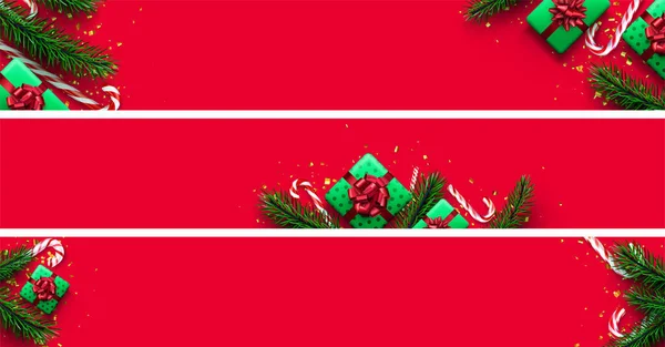 Zászlók Zöld Fenyőágakkal Konfettivel Ajándékdobozzal Cukornádrudakkal Vörös Háttér Helyet Szövegnek — Stock Vector