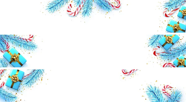 Üzerinde mavi köknar dalları, konfeti, hediye kutusu ve baston şeker olan pankartlar. Beyaz arka plan. Mesaj için yer var. Vektör illüstrasyonu.