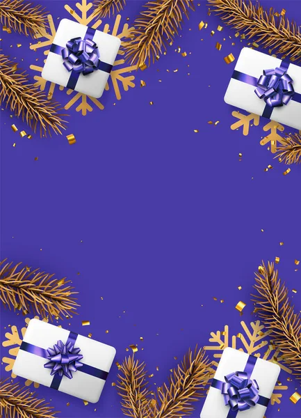 Natal Ano Novo Roxo Fundo Vertical Abeto Dourado Flocos Neve —  Vetores de Stock