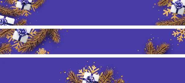 Conjunto Banners Fundo Roxo Natal Ano Novo Abeto Dourado Flocos —  Vetores de Stock