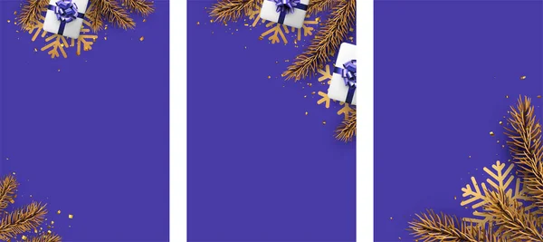 Set Natale Capodanno Viola Sfondo Verticale Abete Dorato Grandi Fiocchi — Vettoriale Stock