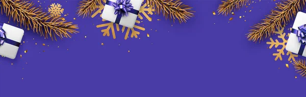 Новогодний Рождественский Фиолетовый Флаг Золотая Ель Большие Снежинки Подарочная Коробка — стоковый вектор