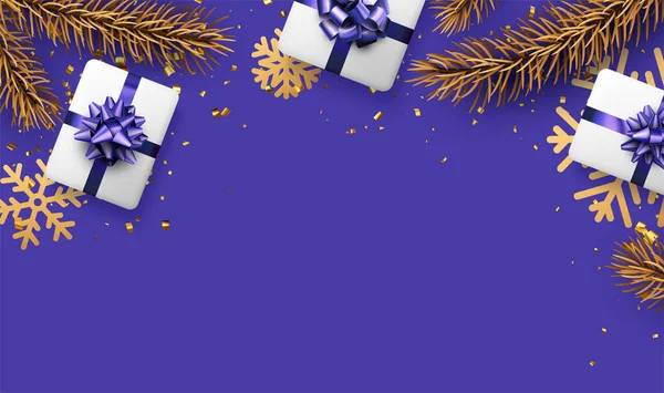 圣诞节和新年紫色背景 大雪花和意粉 白色礼品盒和蝴蝶结文字空间 矢量说明 — 图库矢量图片