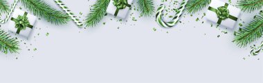 Noel ve Yeni Yıl yatay düzleşmesi. Yeşil köknar, kar tanesi, şeker kamışı, hediye kutusu. Üst Manzara. Mesaj için yer var. Vektör illüstrasyonu.