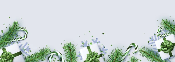 Weihnachten Und Neujahr Horizontaler Hintergrund Grüne Tanne Schneeflocke Zuckerrohr Geschenkkarton — Stockvektor