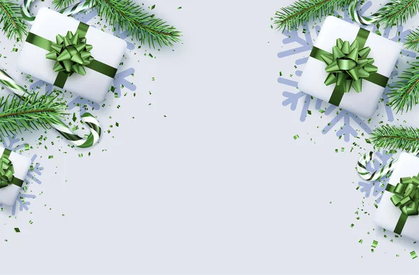 Christmas New Year Background Green Fir Snowflake Candy Cane Gift — 图库矢量图片