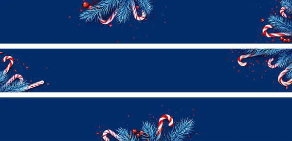 Ein Satz Weihnachts Und Neujahrsbanner Blauer Hintergrund Mit Tannenzweigen Roten — Stockvektor