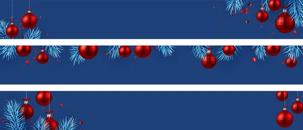 Ein Satz Weihnachts Und Neujahrsbanner Blauer Hintergrund Mit Tannenzweigen Roten — Stockvektor