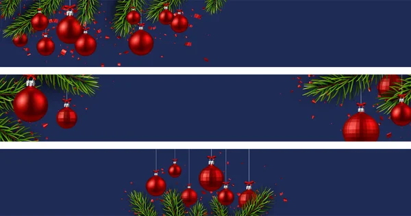 Conjunto Banners Natal Ano Novo Fundo Azul Com Ramos Abeto — Vetor de Stock