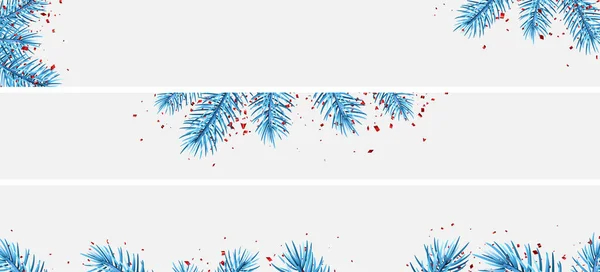 クリスマスと新年のバナーのセット 青いモミの枝と赤いコンフェッティと冬の背景 ベクターイラスト — ストックベクタ