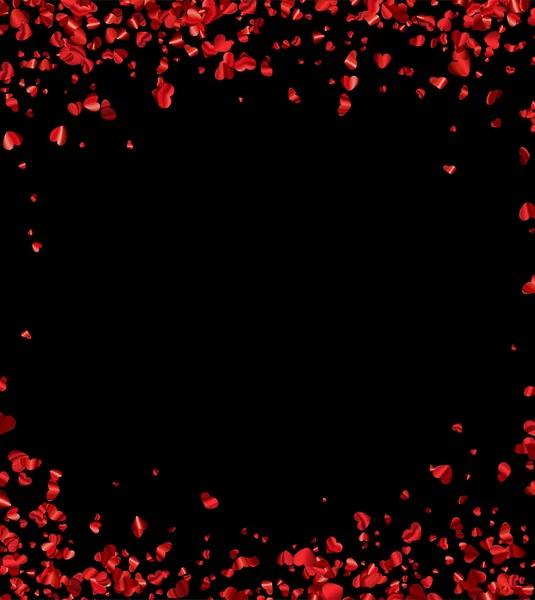 テキストのためのスペースと黒の背景に赤いハートのコンフェッティフレーム 結婚式誕生日バレンタインデー ベクターホリデーイラスト — ストックベクタ