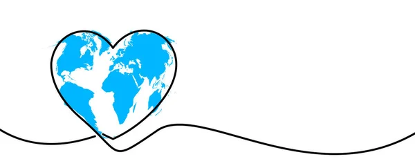 Single Line Drawn Heart Shape World Map Vector Illustration — Stockový vektor