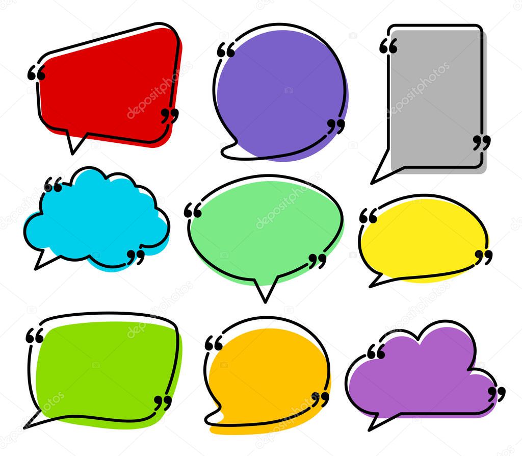 Set of isolated colorful speech bubbles of different shapes with quotes. Vector illustration.