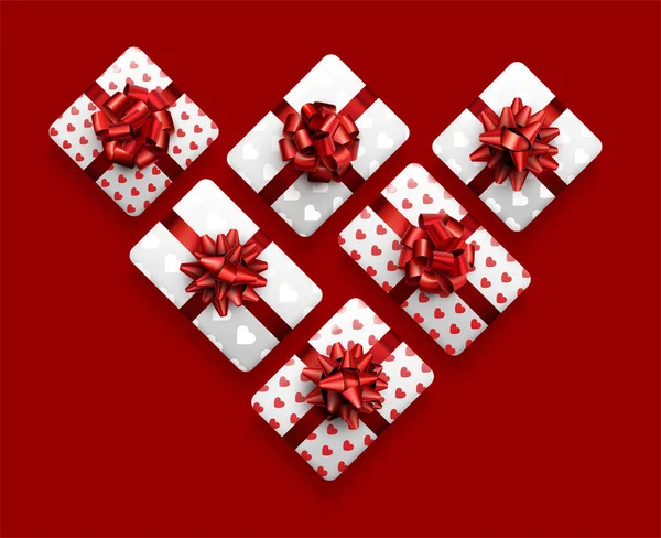 Cajas Regalo Blancas Con Hermosos Lazos Rojos Forma Corazón Día — Archivo Imágenes Vectoriales